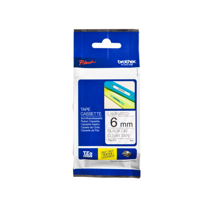 Labeltape Brother P-touch TZe-111 standaard 6mm zwart op transparant