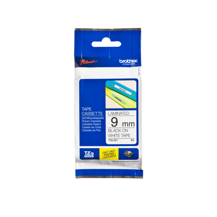 Labeltape Brother P-touch TZe-221 standaard 9mm zwart op wit