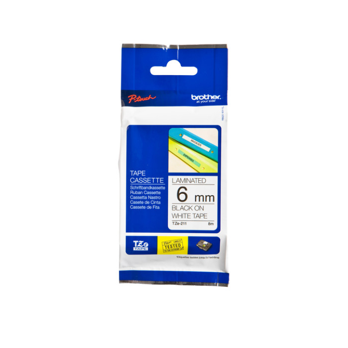 Labeltape Brother P-touch TZe-211 standaard 6mm zwart op wit
