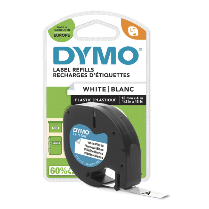 Labeltape Dymo LetraTag plastic 12mm zwart op wit