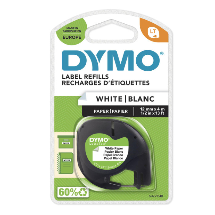 Labeltape Dymo LetraTag papier 12mm zwart op wit