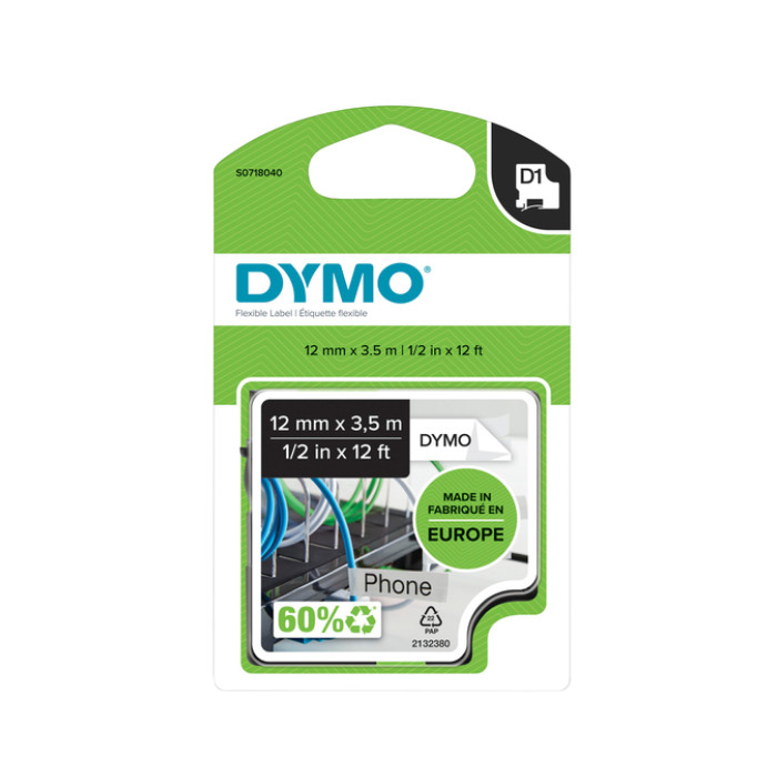 Labeltape Dymo LabelManager D1 nylon 12mm zwart op wit