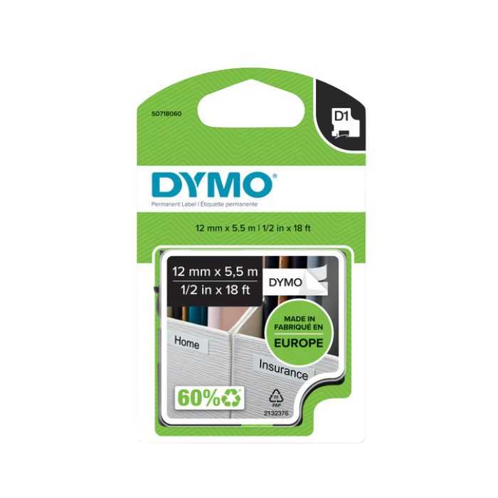 Labeltape Dymo LabelManager D1 polyester 12mmx5.5m zwart op wit