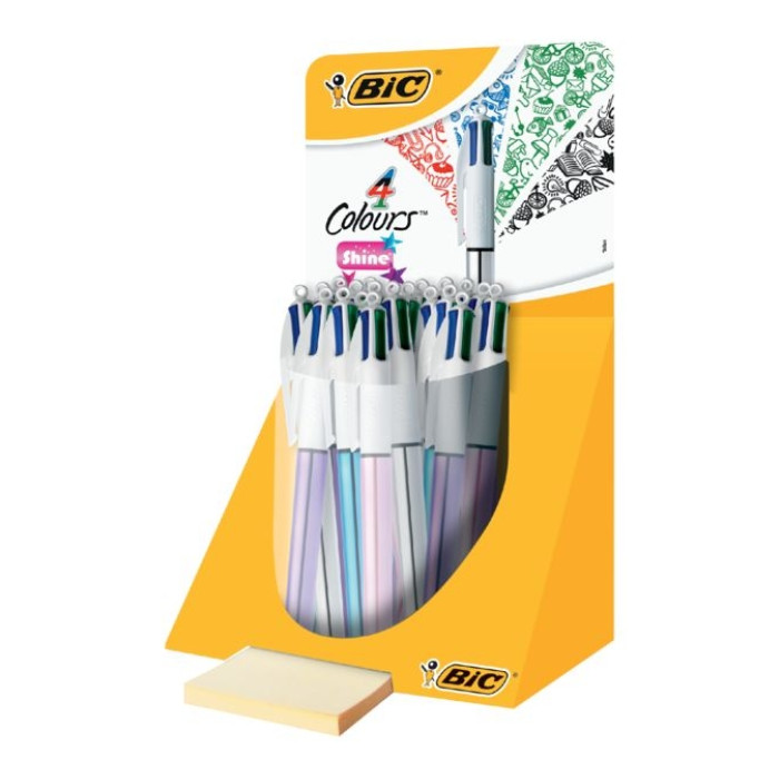 Balpen Bic 4kleuren shine medium zilver/paars/roze/blauw