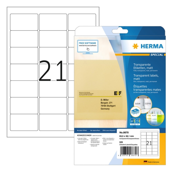 Etiket HERMA 8670 A4 63.5x38.1mm folie transparant mat 525st