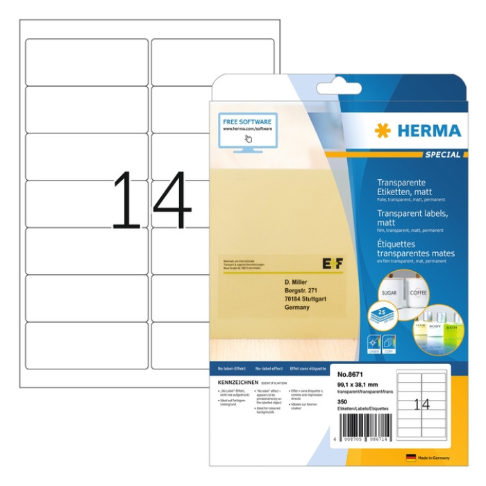Etiket HERMA 8671 A4 99.1x38.1mm folie transparant mat 350st