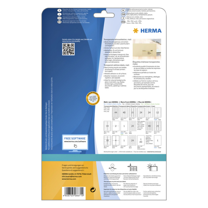 Etiket HERMA 8671 A4 99.1x38.1mm folie transparant mat 350st