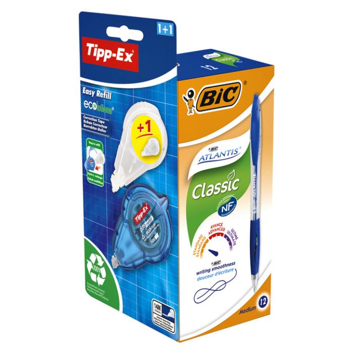 Balpen BIC Atlantis + gratis Tipp-Ex easy medium blauw doos à 12 stuks