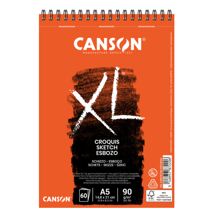 Schetspapier Canson XL Sketch 60vel 90gr A5 ivoorwit