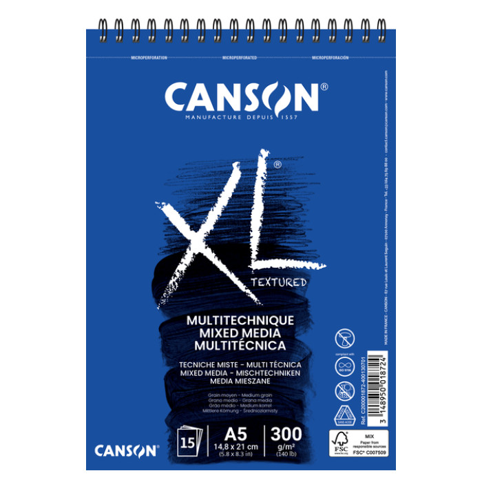 Mixed mediapapier Canson XL Textured Mixed Media 15vel 300gr A5 wit