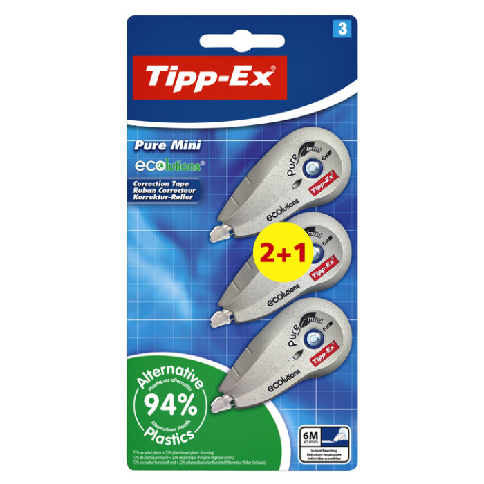 Correctietape Tipp-Ex mini pure ecolutions 5mmx6m blister 2+1 gratis