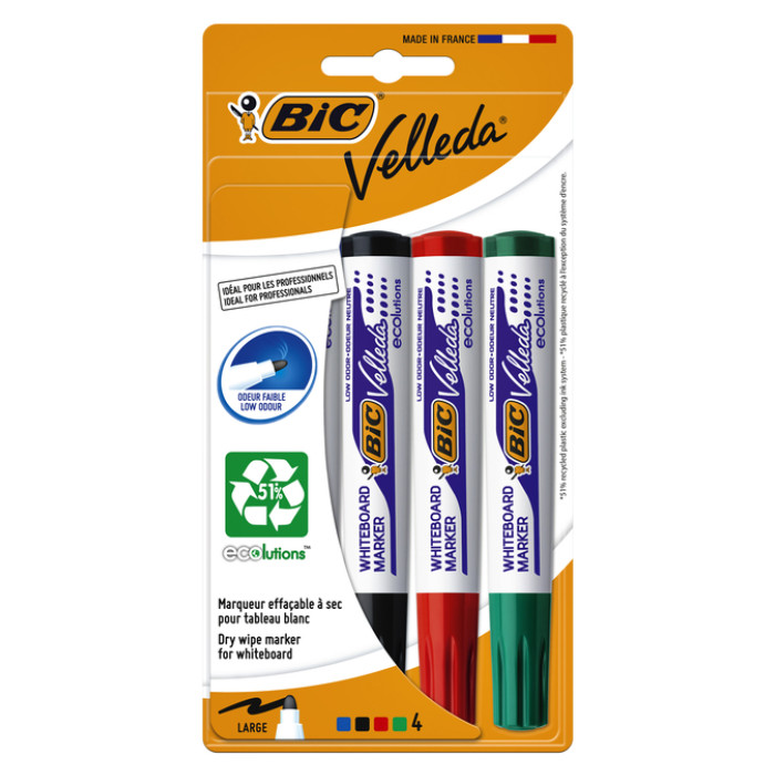 Whiteboardmarker Bic Velleda 1704 rond large assorti blister à 4 stuks