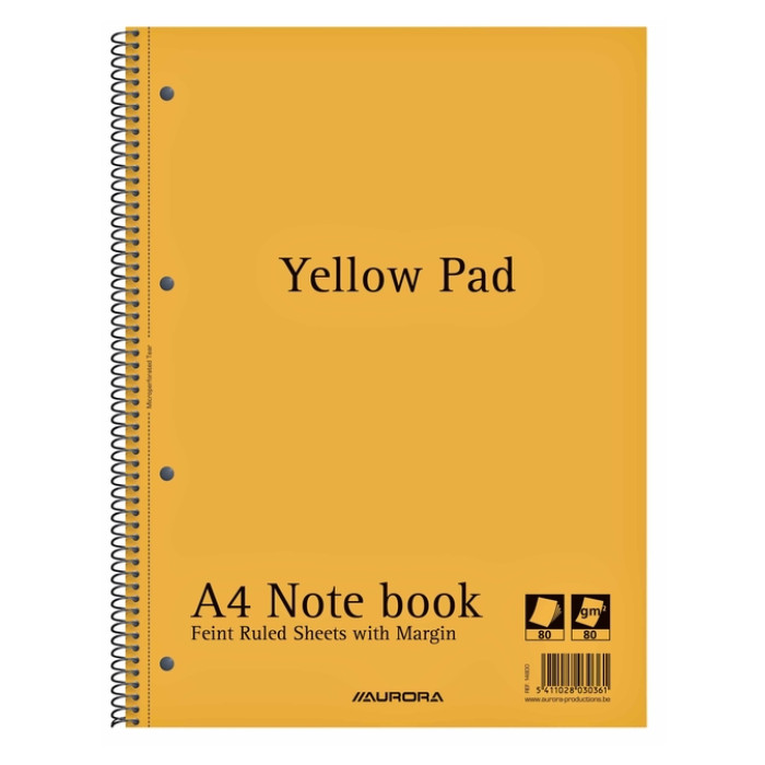 Collegeblok Aurora Yellow Pad A4 lijn 4-gaats 160 pagina's 80gr geel