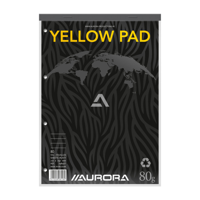 Cursusblok Aurora A4 lijn 4-gaats 160 pagina's 80gr geel