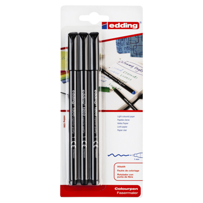 Fineliner edding 1200 001 fijn zwart blister à 3 stuks