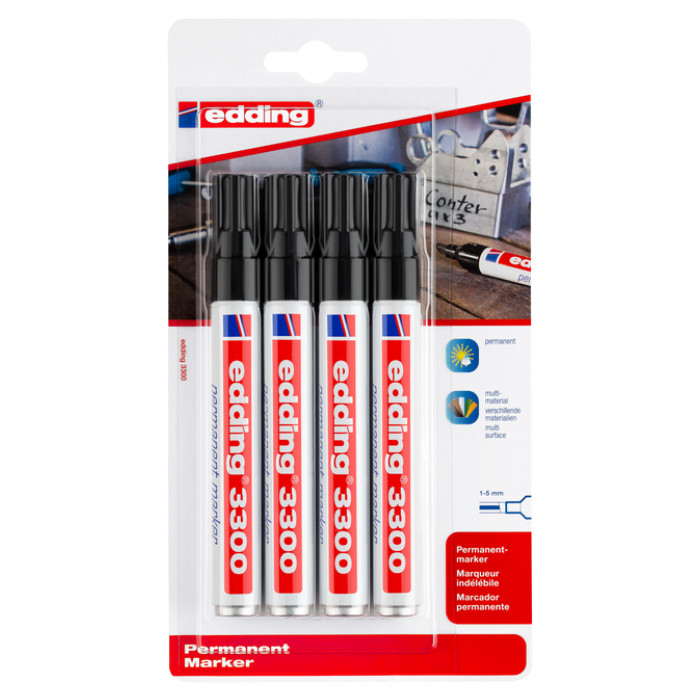 Viltstift edding 3300 schuin 1-5mm zwart blister à 4 stuks