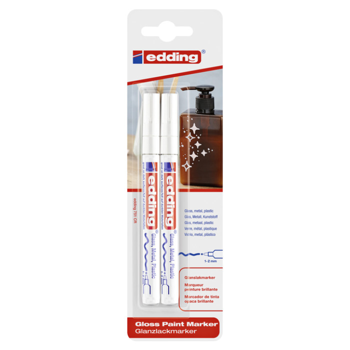 Paintmarker edding 751 op oliebasis 1-2mm wit blister à 2 stuks
