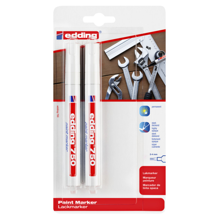 Paintmarker edding 750 op oliebasis 2-4mm wit blister à 2 stuks