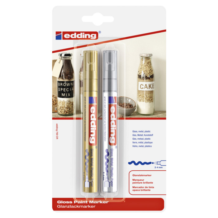 Paintmarker edding 750 op oliebasis 2-4mm goud en zilver blister à 2st