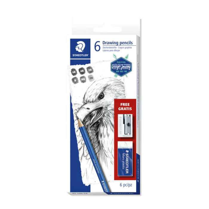 Potlodenset Staedtler Design Journey Lumograph met gratis gum en puntenslijper 6 stuks
