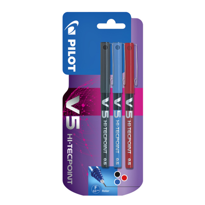 Rollerpen PILOT V5 fijn assorti blister à 3 stuks