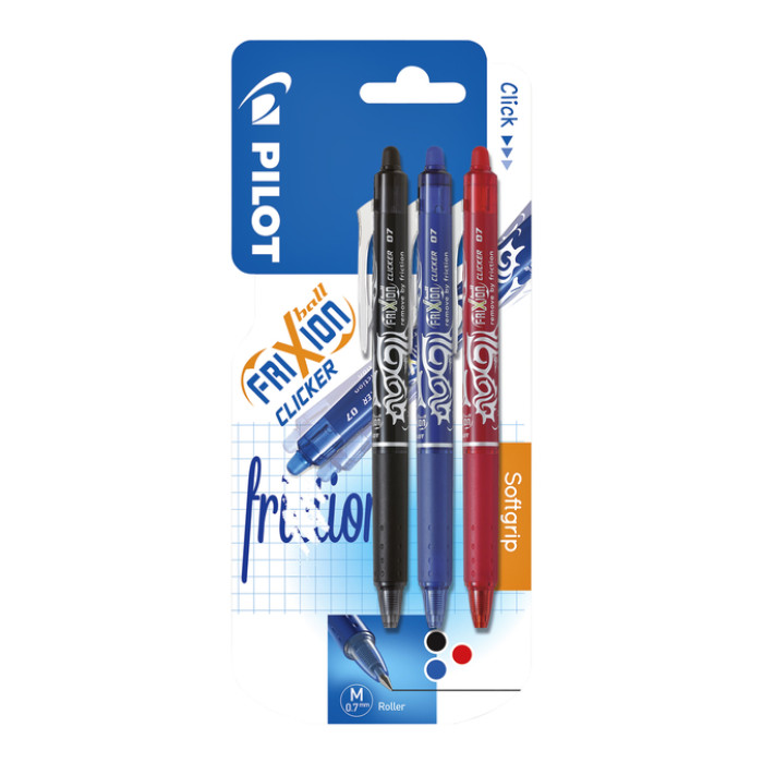Rollerpen PILOT friXion clicker medium assorti blister à 3 stuks
