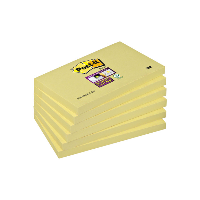 Memoblok Post-it 655 Super Sticky 76x127mm geel 6 stuks