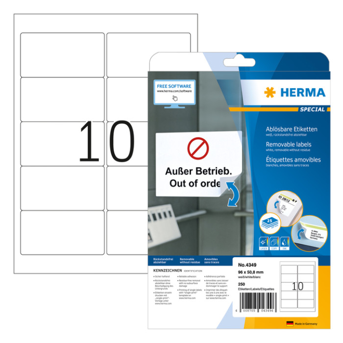 Etiket HERMA 4349 A4 96x50.8mm verwijderbaar wit 250 etiketten