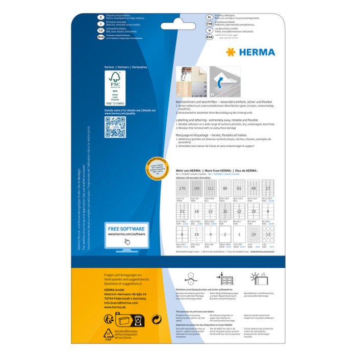 Etiket HERMA 4349 A4 96x50.8mm verwijderbaar wit 250 etiketten