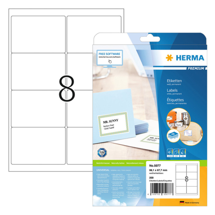 Etiket HERMA 5077 A4 99.1x67.7mm premium 200stuks wit