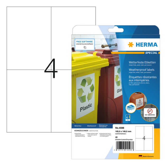 Etiket HERMA 4598 105x148mm A4 folie wit 40stuks