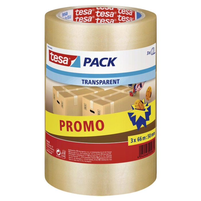 Verpakkingstape tesapack® 66mx50mm transparant promopack 3 rollen