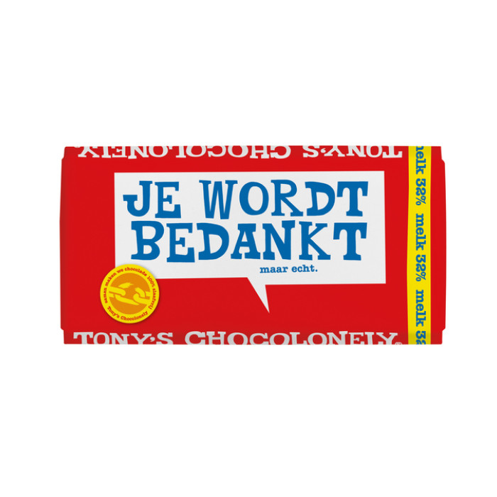 Chocolade Tony's Chocolonely melk bedankt reep 180gr