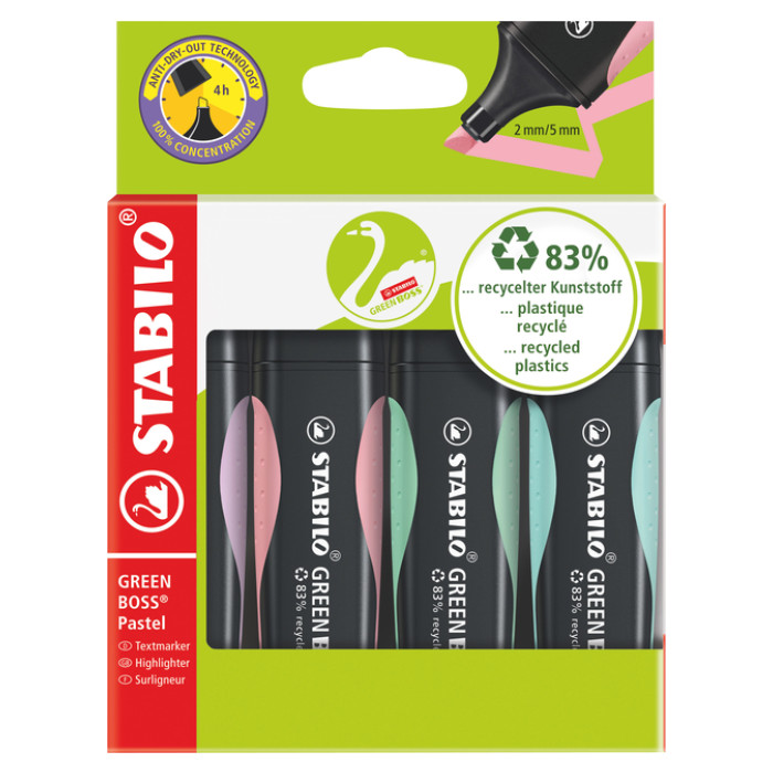 Markeerstift STABILO GREEN BOSS 6070/4 pastel assorti etui à 4 stuks