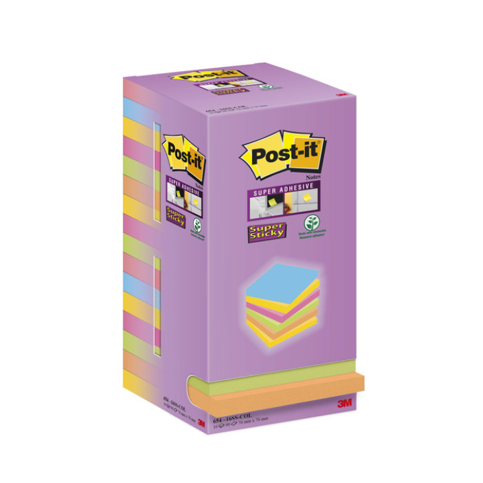 Memoblok Post-it Super Sticky 654 76x76mm color 16 stuks