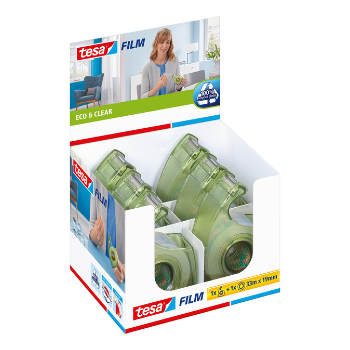 Plakband handdispenser tesafilm® eco & clear 33mx19mm + Easy Cut hand ecoLogo®