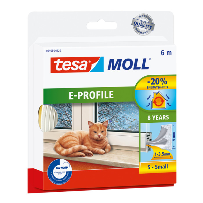Tochtstrip tesamoll® E-profiel zelfklevend rubber 6mx9mm wit