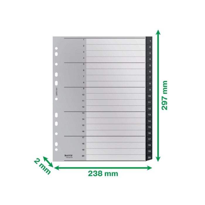 Tabblad Leitz Recycle A4 11-gaats 1-20 extra breed PP