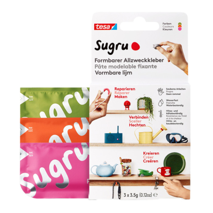 Kneedbare hobbylijm Sugru by tesa® sterke alleslijm 3 pakken roze oranje groen