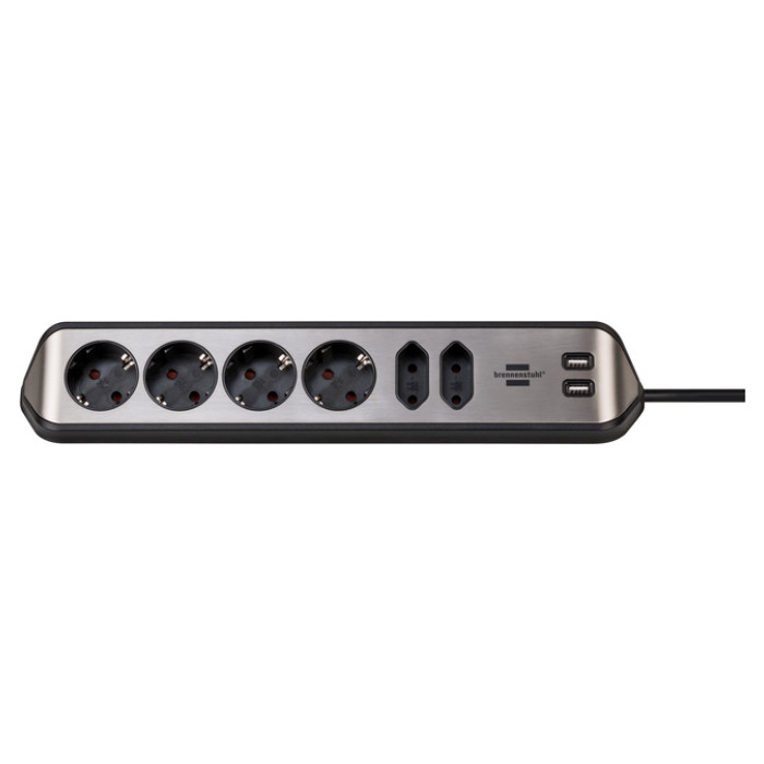 Stekkerdoos Brennenstuhl bureau Estilo 6 voudig inclusief 2 USB 2 meter zwart/zilver