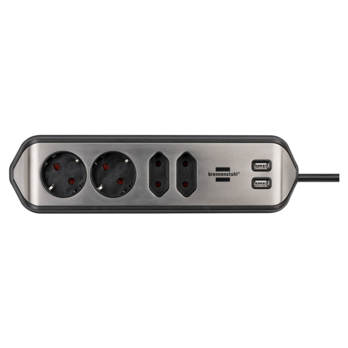 Stekkerdoos Brennenstuhl bureau Estilo 4 voudig inclusief 2 USB 2 meter zwart/zilver