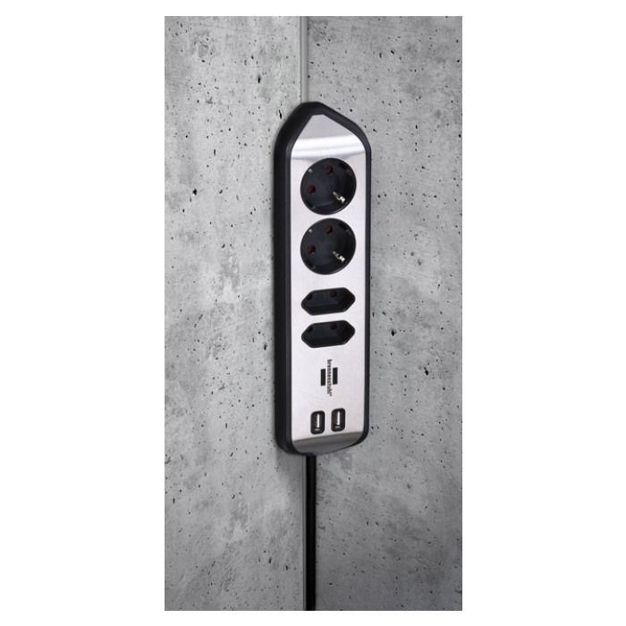 Stekkerdoos Brennenstuhl bureau Estilo 4 voudig inclusief 2 USB 2 meter zwart/zilver