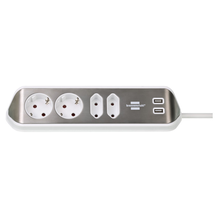 Stekkerdoos Brennenstuhl bureau Estilo 4 voudig inclusief 2 USB 2 meter wit/zilver