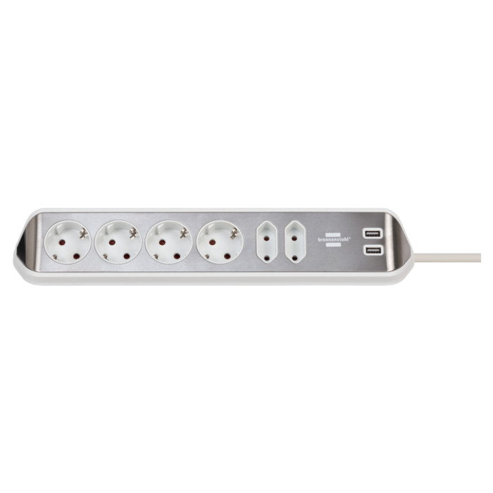 Stekkerdoos Brennenstuhl bureau Estilo 6 voudig inclusief 2 USB 2m meter wit/zilver