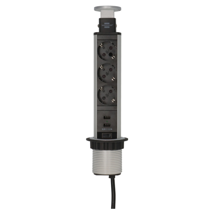 Stekkerdoos Brennenstuhl toren 3 voudig inclusief 2 USB 2 meter zwart/zilver