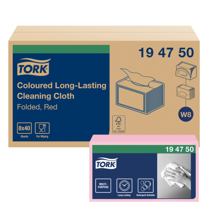 Reinigingsdoek Tork W8 Premium 1-laags 8x40 vel rood 194750