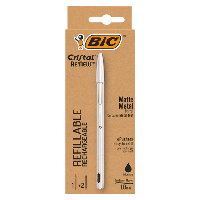 Balpen Bic Cristal Re-new medium zilver + 2 vullingen zwart