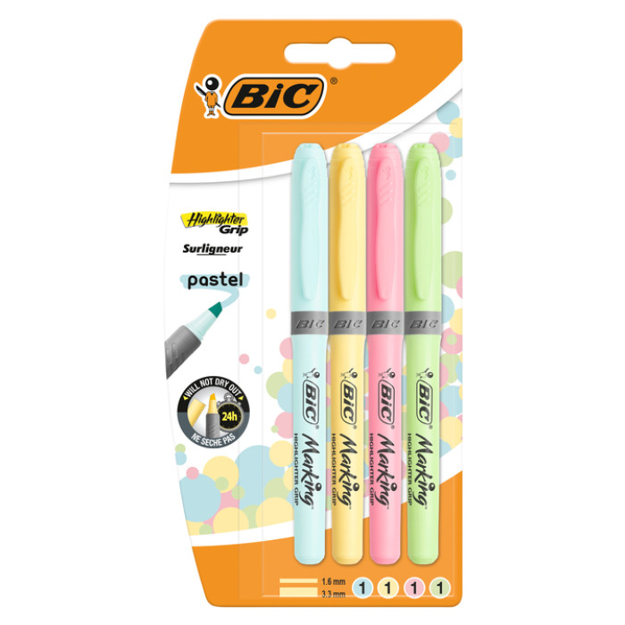 Markeerstift Bic grip pastel assorti blister à 4 stuks