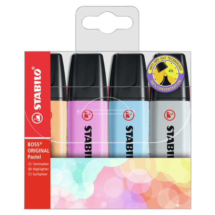 Markeerstift STABILO BOSS Original 70/4 pastel incl grijs ass 4st
