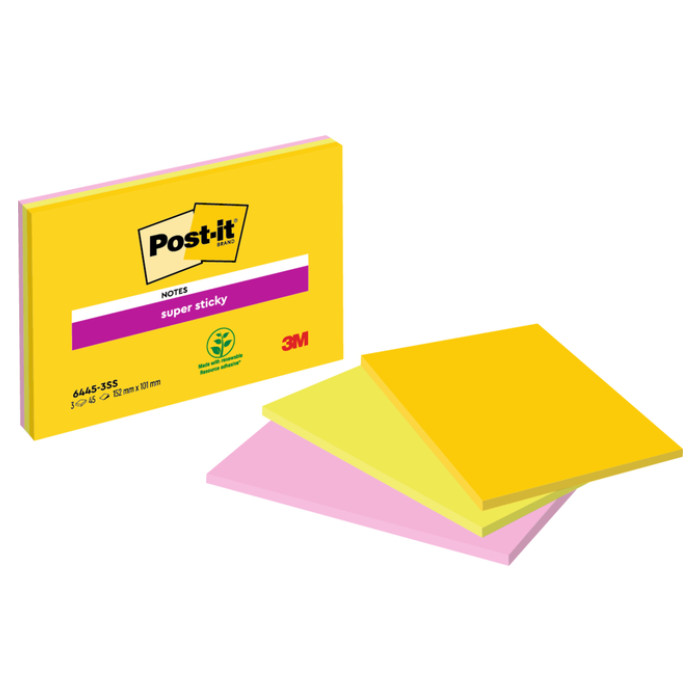Memoblok Post-it 6445 Super Sticky 152x101mm assorti 3st